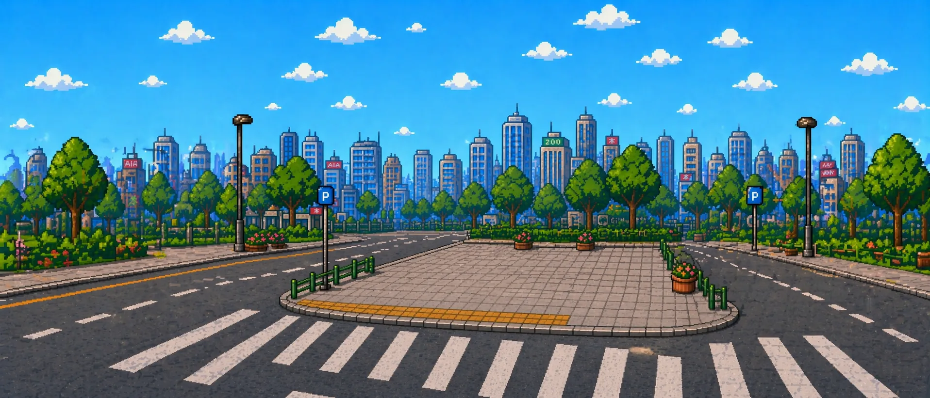 現代の街角にある空の広場と街並みを描いたレトロRPG風ピクセルアート