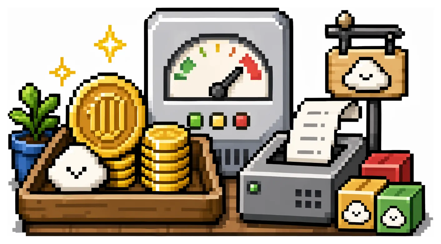 コイン、利用量メーター、レシートで料金を表したピクセルアート